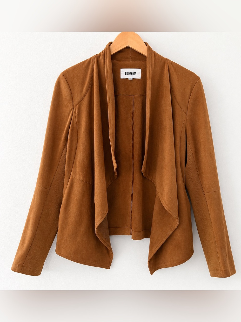 BB Dakota Faux Suede Drape Front Jacket Medium Cognac Open Front Stretch Knit - Picture 5 of 5